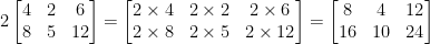 2\begin{bmatrix} 4 & 2 & 6 \\ 8 & 5 & 12 \end{bmatrix} = \begin{bmatrix} 2\times 4 & 2\times 2 & 2\times 6 \\ 2\times 8 & 2\times 5 & 2\times 12 \end{bmatrix} = \begin{bmatrix} 8 & 4 & 12 \\ 16 & 10 & 24 \end{bmatrix}