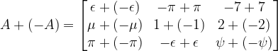 A+(-A)=\begin{bmatrix} \epsilon+(-\epsilon) & -\pi+\pi & -7+7\\ \mu+(-\mu) & 1+(-1) & 2+(-2)\\ \pi+(-\pi) & -\epsilon+\epsilon & \psi+(-\psi)\end{bmatrix}