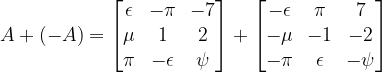 A+(-A)=\begin{bmatrix} \epsilon & -\pi & -7\\ \mu & 1 & 2\\ \pi & -\epsilon & \psi\end{bmatrix}+\begin{bmatrix} -\epsilon & \pi & 7\\ -\mu & -1 & -2\\ -\pi & \epsilon & -\psi\end{bmatrix}