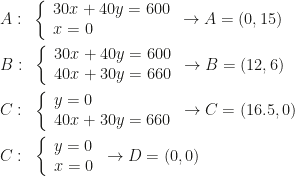 A:~\left\{\begin{array}{l}30x+40y=600\\x=0\end{array}\right.\rightarrow A=(0,15)\\\\B:~\left\{\begin{array}{l}30x+40y=600\\40x+30y=660\end{array}\right.\rightarrow B=(12,6)\\\\C:~\left\{\begin{array}{l}y=0\\40x+30y=660\end{array}\right.\rightarrow C=(16.5,0)\\\\C:~\left\{\begin{array}{l}y=0\\x=0\end{array}\right.\rightarrow D=(0,0)