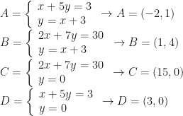 A=\left\{\begin{array}{l}x+5y=3\\y=x+3\end{array}\right.\rightarrow A=(-2,1)\\B=\left\{\begin{array}{l}2x+7y=30\\y=x+3\end{array}\right.\rightarrow B=(1,4)\\C=\left\{\begin{array}{l}2x+7y=30\\y=0\end{array}\right.\rightarrow C=(15,0)\\D=\left\{\begin{array}{l}x+5y=3\\y=0\end{array}\right.\rightarrow D=(3,0)