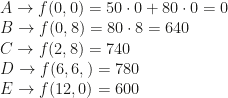 A\rightarrow f(0,0)=50\cdot0+80\cdot0=0\\B\rightarrow f(0,8)=80\cdot8=640\\C\rightarrow f(2,8)=740\\D\rightarrow f(6,6,)=780\\E\rightarrow f(12,0)=600