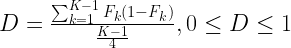 An equation to describe the Dispersion Index, D, which is calculated as 4 times the sum of the product of the Cumulative frequency of responses, expressed as a fraction, F, and its complement (1 -F), summed over the first K-1 response categories, divided by the number of response categories minus 1. For example, in the case of a 5-point Likert scale, K equals 5 and the product of the cumulative frequency of responses and its complement are summed up over the first 4 response categories.