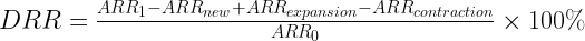 DRR = \frac{ARR_1 – ARR_{naujas} + ARR_{išplėtimas} – ARR_{susitraukimas}}{ARR_0} \kartai 100\%