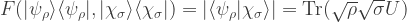 F(|\psi_\rho\rangle\langle\psi_\rho|,|\chi_\sigma\rangle\langle\chi_\sigma|) =|\langle\psi_\rho|\chi_\sigma\rangle|=\text{Tr}(\sqrt{\rho}\sqrt{\sigma}U)