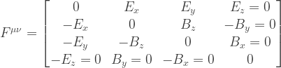 F^{\mu \nu} = \begin{bmatrix}    0 & E_x & E_y & E_z=0 \\     -E_x & 0 & B_z & -B_y =0\\    -E_y & -B_z & 0 & B_x = 0\\     -E_z=0 & B_y=0 & -B_x=0 & 0\\     \end{bmatrix}