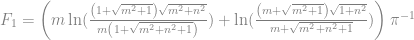 F_1 = \left(m\ln ({\frac {\left (1+\sqrt {{m}^{2}+1}\right )\sqrt {{m}^{2}+{n}^{2}}}{m\left (1+\sqrt {{m}^{2}+{n}^{2}+1}\right )}})+\ln ({\frac {\left (m+\sqrt {{m}^{2}+1}\right )\sqrt {1+{n}^{2}}}{m+\sqrt {{m}^{2}+{n}^{2}+1}}})\right){\pi }^{-1} 