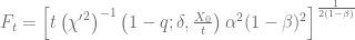 F_t= \left[{t \left({\chi'}^2\right)}^{-1} \left(1-q; \delta, \frac{X_0}{t}\right)  \alpha^2(1-\beta)^2\right]^{\frac{1}{2(1-\beta)}}