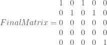 Final Matrix = \begin{matrix}  1 & 0 & 1 & 0 & 0\\  0 & 1 & 0 & 1 & 0\\  0 & 0 & 0 & 0 & 0\\  0 & 0 & 0 & 0 & 0\\  0 & 0 & 0 & 0 & 1\\  \end{matrix} 