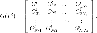 G(F^l) =\left[\begin{array}{cccc}G^l_{11}&G^l_{12}&\dots&G^l_{1N_l}\\ G^l_{21}&G_{22}&\dots&G^l_{2N_l}\\ \vdots&\vdots&\ddots&\vdots \\ G^l_{N_l1}&G^l_{N_l2}&\dots&G^l_{N_lN_l} \end{array}\right],
