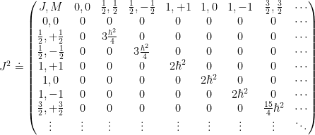 J^2 \doteq  \begin{pmatrix} J,M & 0,0 & \frac{1}{2},\frac{1}{2}& \frac{1}{2},-\frac{1}{2} & 1,+1 &  1,0 & 1,-1 & \frac{3}{2},\frac{3}{2} & \cdots \\  0,0 & 0 & 0 & 0 & 0 & 0 & 0 & 0 & \cdots \\  \frac{1}{2},+\frac{1}{2} & 0 & 3 \frac{\hbar^2}{4} & 0 & 0 & 0 & 0 & 0 & \cdots \\  \frac{1}{2},-\frac{1}{2} & 0 & 0 & 3 \frac{\hbar^2}{4} & 0 & 0 & 0 & 0 &\cdots \\  1,+1 & 0 & 0 & 0 & 2 \hbar^2 & 0 & 0 & 0 &\cdots \\  1,0 & 0 & 0 & 0 & 0 & 2 \hbar^2 & 0 & 0 &\cdots \\  1,-1 & 0 & 0 & 0 & 0 & 0 & 2 \hbar^2 & 0 &\cdots \\  \frac{3}{2},+\frac{3}{2} & 0 & 0 & 0 & 0 & 0 & 0 & \frac{15}{4}\hbar^2 &\cdots \\  \vdots & \vdots & \vdots & \vdots &  \vdots & \vdots & \vdots & \vdots &\ddots  \end{pmatrix}