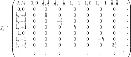 J_z \doteq  \begin{pmatrix} J,M & 0,0 & \frac{1}{2},\frac{1}{2}& \frac{1}{2},-\frac{1}{2} & 1,+1 &  1,0 & 1,-1 & \frac{3}{2},\frac{3}{2} & \cdots \\  0,0 & 0 & 0 & 0 & 0 & 0 & 0 & 0 & \cdots \\  \frac{1}{2},+\frac{1}{2} & 0 & \frac{\hbar}{2} & 0 & 0 & 0 & 0 & 0 & \cdots \\  \frac{1}{2},-\frac{1}{2} & 0 & 0 & -\frac{\hbar}{2} & 0 & 0 & 0 & 0 &\cdots \\  1,+1 & 0 & 0 & 0 & \hbar & 0 & 0 & 0 &\cdots \\  1,0 & 0 & 0 & 0 & 0 & 0 & 0 & 0 &\cdots \\  1,-1 & 0 & 0 & 0 & 0 & 0 & -\hbar & 0 &\cdots \\  \frac{3}{2},+\frac{3}{2} & 0 & 0 & 0 & 0 & 0 & 0 & 3\frac{\hbar}{2} &\cdots \\  \vdots & \vdots & \vdots & \vdots &  \vdots & \vdots & \vdots & \vdots &\ddots  \end{pmatrix}
