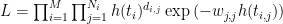 L=\prod_{i=1}^{M}\prod_{j=1}^{N_{i}}h(t_{i})^{d_{i,j}}\exp\left(-w_{j,j}h(t_{i,j})\right)