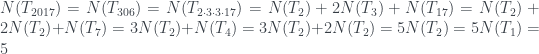 N(T_{2017}) =N(T_{306}) =N(T_{2\cdot 3\cdot 3 \cdot 17}) =N(T_2)+2N(T_3)+N(T_{17})=N(T_2)+2N(T_2)+N(T_{7})=3N(T_2) +N(T_4)=3N(T_2) +2N(T_2)=5N(T_2)=5N(T_1)=5
