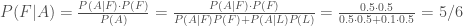 P(F|A) = \frac {P(A | F) \cdot P(F)}{P(A)} =\frac {P(A | F) \cdot P(F)}{P(A|F)P(F) + P(A|L)P(L)}  = \frac {0.5 \cdot 0.5}{0.5 \cdot 0.5 + 0.1 \cdot 0.5} = 5/6  