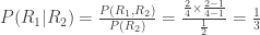 P(R_1|R_2) = \frac{P(R_1, R_2)}{P(R_2)} = \frac{\frac{2}{4}\times\frac{2-1}{4-1}}{\frac{1}{2}} = \frac{1}{3}