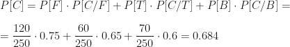 P[C]=P[F]\cdot P[C/F]+P[T]\cdot P[C/T]+P[B]\cdot P[C/B]=\\\\=\dfrac{120}{250}\cdot0.75+\dfrac{60}{250}\cdot0.65+\dfrac{70}{250}\cdot0.6=0.684