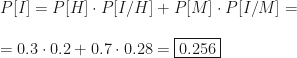 P[I]=P[H]\cdot P[I/H]+P[M]\cdot P[I/M]=\\\\=0.3\cdot0.2+0.7\cdot0.28=\boxed{0.256}