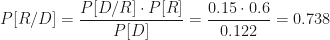 P[R/D]=\dfrac{P[D/R]\cdot P[R]}{P[D]}=\dfrac{0.15\cdot 0.6}{0.122}=0.738