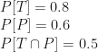 P[T]=0.8\\P[P]=0.6\\P[T\cap P]=0.5