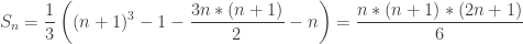 S_n = \displaystyle\frac{1}{3} \left((n + 1)^3 - 1 - \displaystyle\frac{3n*(n + 1)}{2} -n\right) = \displaystyle\frac{n*(n + 1)*(2n + 1)}{6}