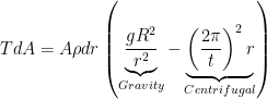 TdA = A\rho dr \left(\underbrace{\frac{gR^2}{r^2}}_{Gravity} - \underbrace{\left(\frac{2\pi}{t}\right)^2r}_{Centrifugal}\right)