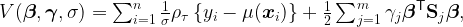 V(\boldsymbol{\beta},\boldsymbol{\gamma},\sigma) = \sum_{i=1}^n \frac{1}{\sigma} \rho_\tau \left\{y_i - \mu(\boldsymbol{x}_i)\right\} + \frac{1}{2} \sum_{j=1}^m \gamma_j \boldsymbol{\beta}^\mathsf{T} \boldsymbol{\mathrm{S}}_j \boldsymbol{\beta},