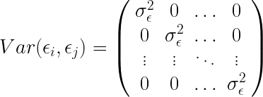 Var (\epsilon_i, \epsilon_j )=\left(\begin{array}{cccc} \sigma_\epsilon^2 &  0 & \ldots & 0\\ 0 & \sigma_\epsilon^2 & \ldots & 0\\ \vdots & \vdots & \ddots & \vdots\\ 0 & 0 & \ldots &\sigma_\epsilon^2 \end{array} \right)