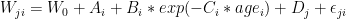 W_{ji} = W_0 + A_i + B_i * exp (- C_i * age_i)  +D_j +\epsilon_{ji}  