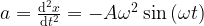 a=\frac{\mathrm{d}^2x}{\mathrm{d}t^2}=-A{\omega}^2\: \mathrm{sin}\left( \omega t\right)