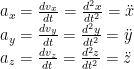 a_x=\frac{dv_x}{dt}=\frac{d^2x}{dt^2}=\ddot{x} \\ a_y=\frac{dv_y}{dt}=\frac{d^2y}{dt^2}=\ddot{y} \\ a_z=\frac{dv_z}{dt}=\frac{d^2z}{dt^2}=\ddot{z} 
