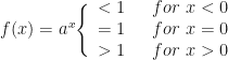 f(x) = a^x  \Bigg\{ \begin{array}{lll} < 1 \hspace*{0.5cm} \ for \  x < 0 \\ =1 \hspace*{0.5cm} \ for \ x = 0 \\ > 1 \hspace*{0.5cm} \ for \  x > 0 \end{array} 