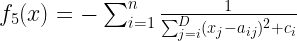 f_{5}(x)=-\sum_{i=1}^{n}\frac{1}{\sum_{j=i}^{D}(x_{j}-a_{ij})^{2}+c_{i}}