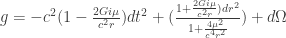 g=-c^2 (1 - \frac{2G i \mu}{c^2 r}) dt^2 + (\frac{1 + \frac{2 G i\mu}{c^2 r}) dr^2}{ 1 + \frac{4 \mu^2}{c^4 r^2} }) + d\Omega