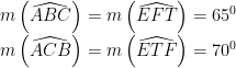 m\left(\widehat{ABC}\right)=m\left(\widehat{EFT}\right)=65^{0}  \\m\left(\widehat{ACB}\right)=m\left(\widehat{ETF}\right)=70^{0}