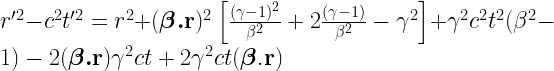 r'^2-c^2t'^2=r^2+(\boldsymbol{\beta.}\mathbf{r})^2 \left[ \frac{(\gamma-1)^2}{\beta^2}+2\frac{(\gamma-1)}{\beta^2}-\gamma^2\right]+\gamma^2c^2t^2(\beta^2-1)-2(\boldsymbol{\beta.}\mathbf{r})\gamma^2 ct +2\gamma^2ct(\boldsymbol{\beta}\mathbf{.r}) 