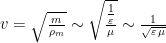 v=\sqrt{\frac{m}{{{\rho }_{m}}}}\sim \sqrt{\frac{\tfrac{1}{\varepsilon }}{\mu }}\sim \frac{1}{\sqrt{\varepsilon \,\mu }}