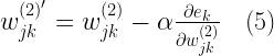 w^{(2)'}_{jk} = w^{(2)}_{jk} - \alpha \frac{\partial e_k}{\partial w^{(2)}_{jk}} \quad (5)