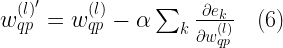 w^{(l)'}_{qp} = w^{(l)}_{qp} - \alpha \sum_k \frac{\partial e_k}{\partial w^{(l)}_{qp}} \quad (6)