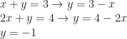 x+y=3\rightarrow y=3-x\\2x+y=4\rightarrow y=4-2x\\y=-1