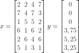 x = \begin{bmatrix} 2&2&4&7 \\ 7&4&7&3\\ 1&5&5&2 \\  6&1&6&2 \\ 2&6&4&6 \\ 5&1&3&1 \end{bmatrix} y = \begin{bmatrix}   0\\ 0\\ 0\\ 3,75\\ 5,25 \\ 3,25  \end{bmatrix} 
