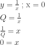 y= \frac{1}{x} \text{ ; x = 0 } \\\\Q = \frac{1}{x}\\\\\frac{1}{Q} = x \\\\ 0 = x