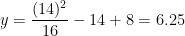 y = \displaystyle \frac{(14)^2}{16} - 14 + 8 = 6.25