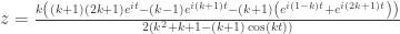 z = \frac{k \left((k+1) (2 k+1) e^{i t}-(k-1) e^{i (k+1) t}-(k+1) \left(e^{i (1-k) t}+e^{i (2 k+1)    t}\right)\right)}{2 \left(k^2+k+1-(k+1) \cos (k t)\right)}