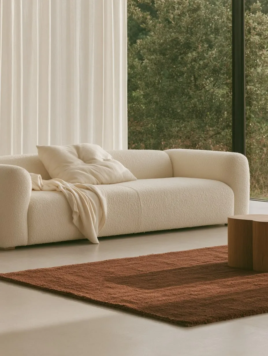 Solene sofa in cream bouclé in a bright living room, with a cushion and throw, a rust-brown rug, a wooden coffee table and a window overlooking trees.